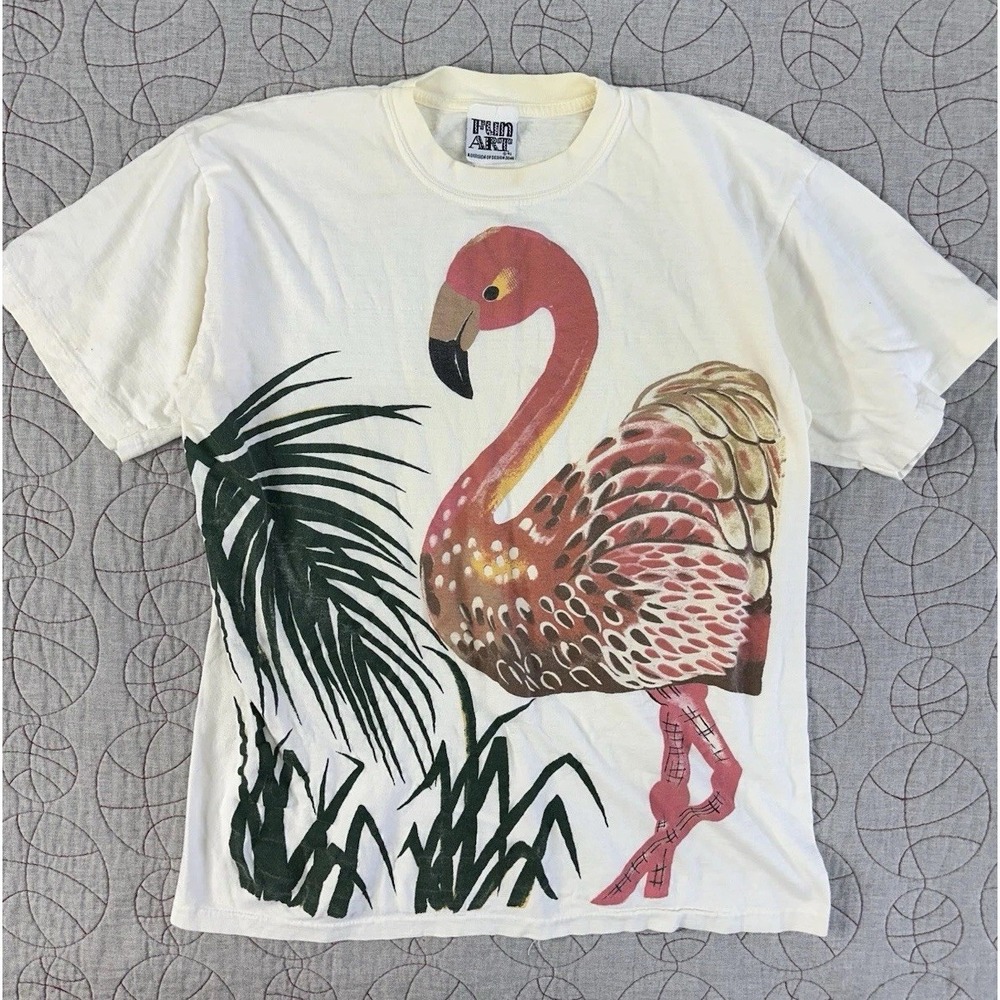VTG 90s Fun Art Shirt Design Zone Single‎ Stitch Painted Flamingo Shirt USA Sz L